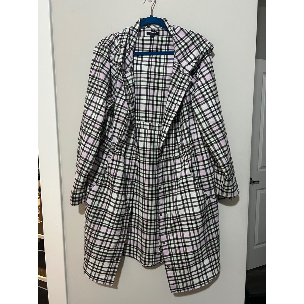 Torrid Plaid Hooded Shirt Jacket White Pink Black Snap Front Plus Size - Picture 5 of 14